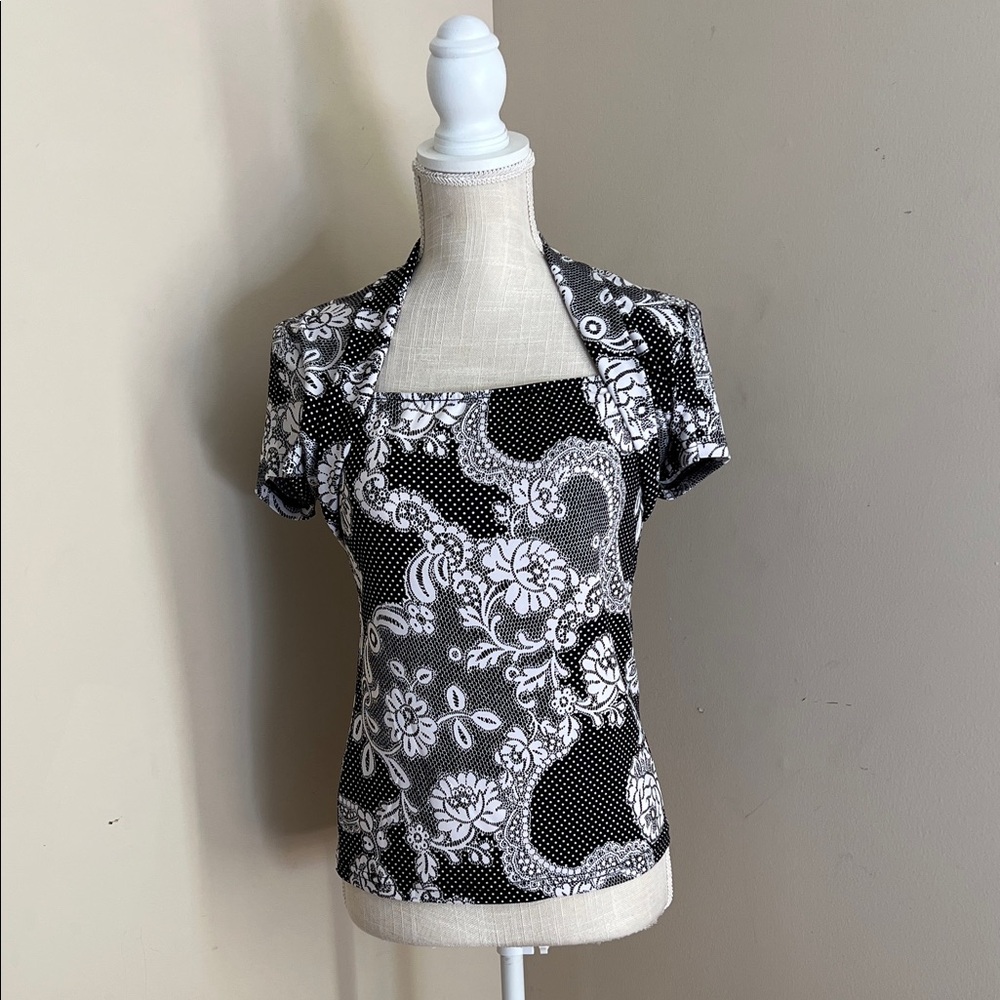 Joseph Ribkoff Black & White Floral Square Neck Short Sleeve Top